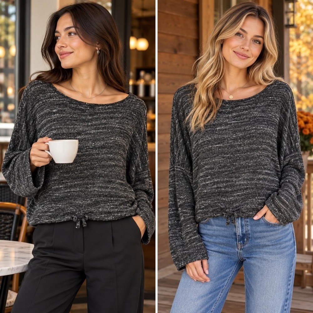 Sadie & Sage Dolman Top Women's M Charcoal Drawstring Hem Fall Layering Boho
